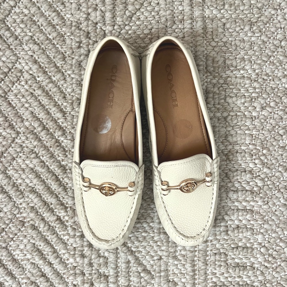 Coach Marley Driver Loafers Chalk White Pebbled Leather Gold C Hardware Flats